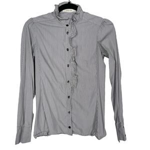 Reiss US 2 Black White Pinstripe Ruffle Mock Neck Long Sleeve Blouse Top Cotton